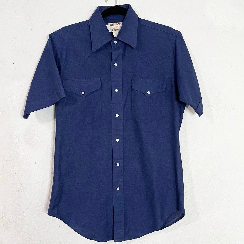 Vintage Ruddock Shirts Blue Denim Short Sleeve Pearl Snap Shirt Size‎ 15 XL Tail